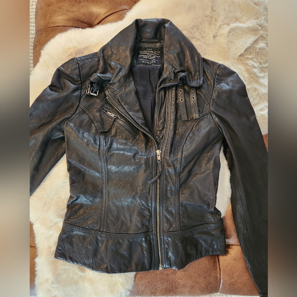 All Saints Black Leather Asymmetric Moto Belvedere Jacket US Size 4